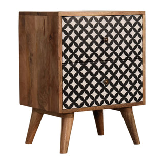 Diamond Screen Printed Bedside Table, Mango Wood