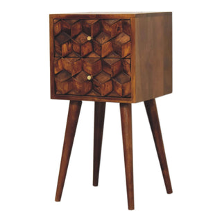 Narrow Cube Carved Bedside Table, 2 Drawers