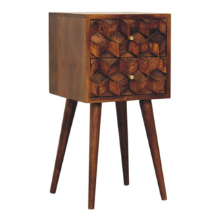 Narrow Cube Carved Bedside Table, 2 Drawers