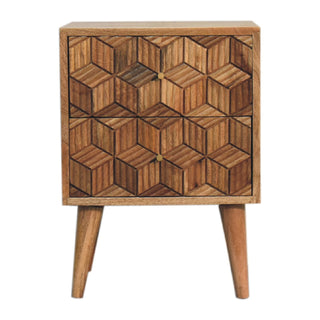 Cubana 2 Drawer Mango Wood Bedside Table, Cube Carved Design