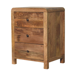 3 Drawer Curved Bedside Table, Mango Wood