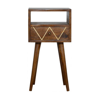 Narrow Mango Wood Bedside Table with Brass Inlay